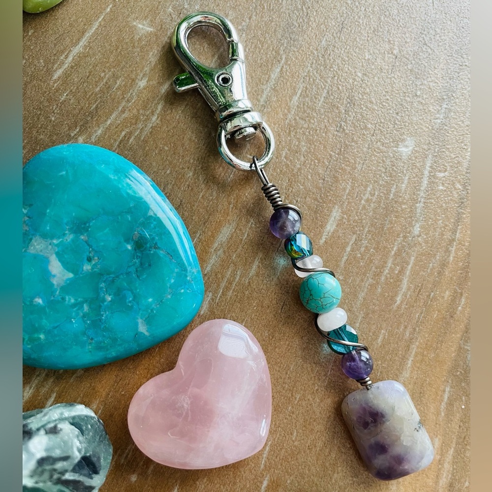 Handmade Hand Crafted Crystals Gemstones Wire Wrapped OOAK Keychain Amethyst